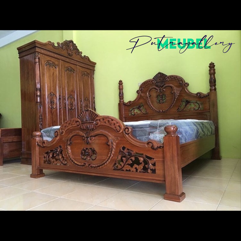 Set Kamar Tidur Cinta Dipan Kerawangan Full Kayu Jati Jepara Finishing Warna Natural PGM-003