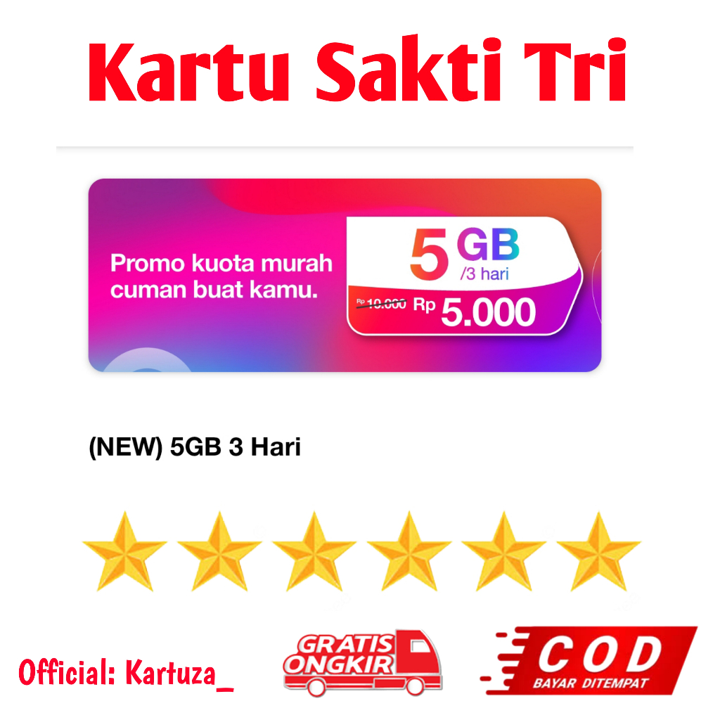 Kartu Tri sakti 5GB 5ribu 3 hari full 24jam semua aplikasi