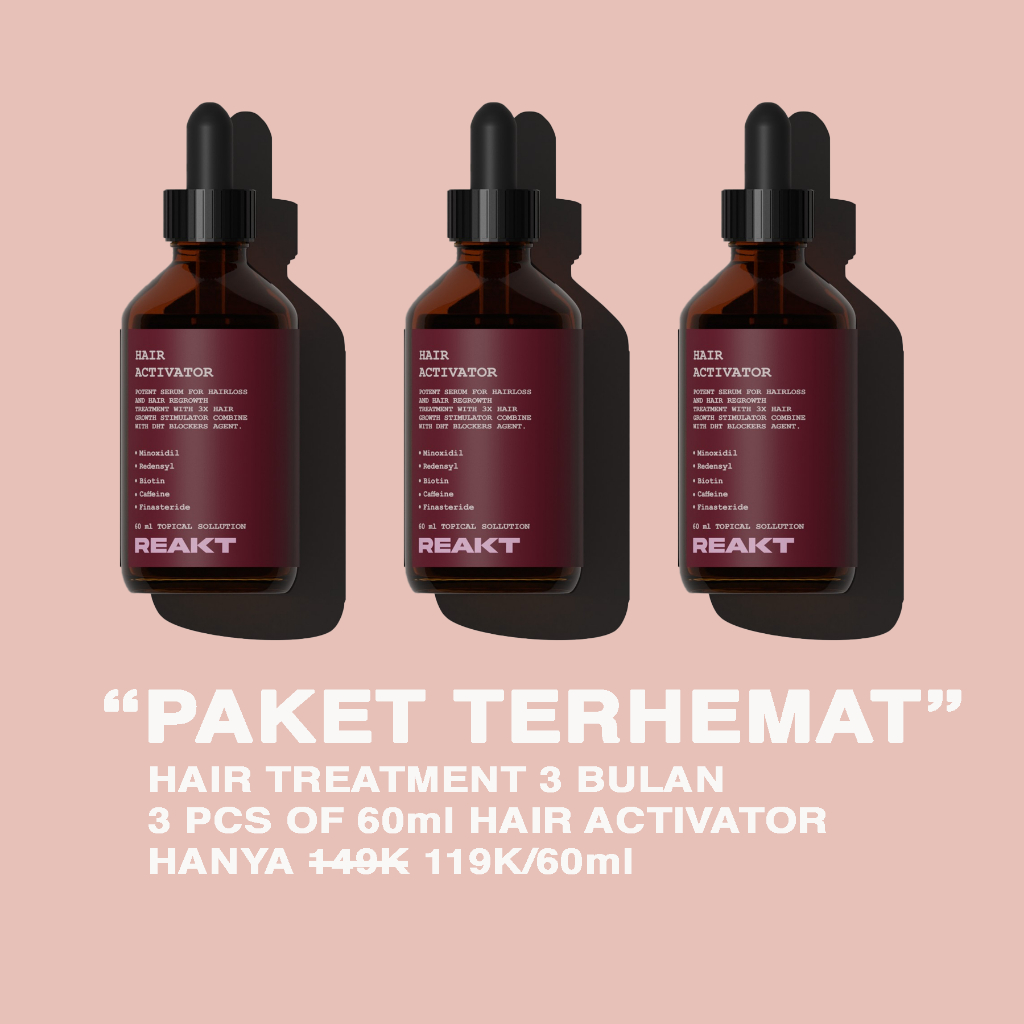 Reakt Minoxidil 5% paket promo 3pcs Anti-hairfall and Hairgrowth Serum / Serum Anti-Rontok dan Penumbuh Rambut Beard Growth Serum / Serum Penumbuh Brewok