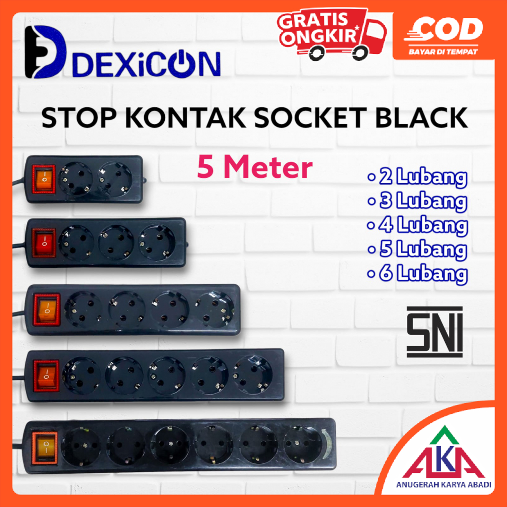 DEXICON Stop Kontak Saklar 3 / 5 Meter 2 / 3 / 4 / 5 / 6 Lubang Terminal Kuningan SNI - Hitam