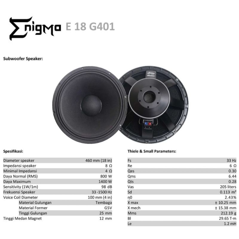 Speaker 18 inch ENIGMA E 18G401 original produk subwofer