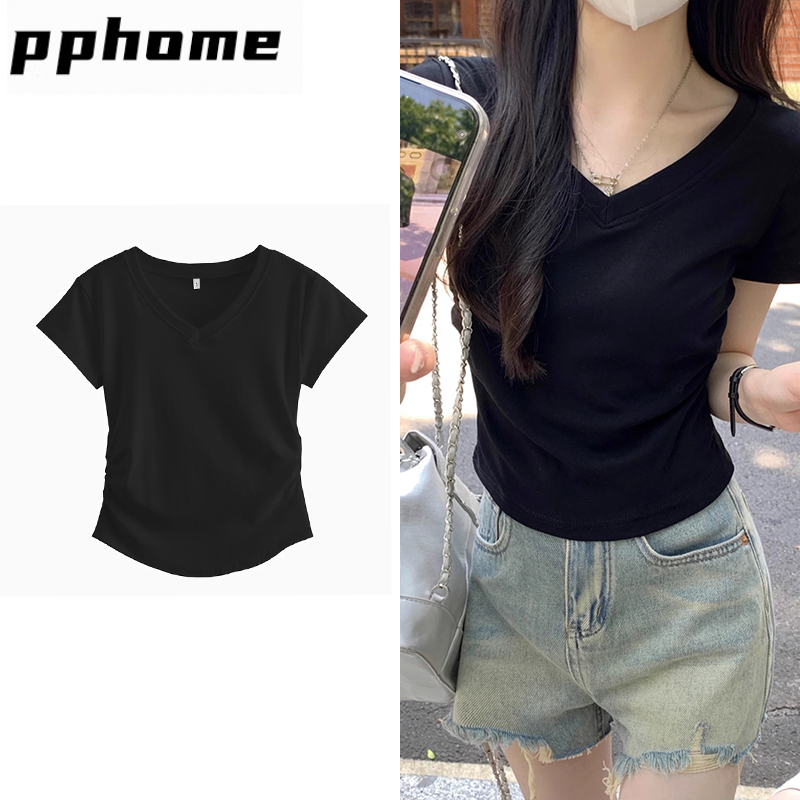 Kaos pendek berkerah V /kaos polos crop wanita/crop top putih polos hitam