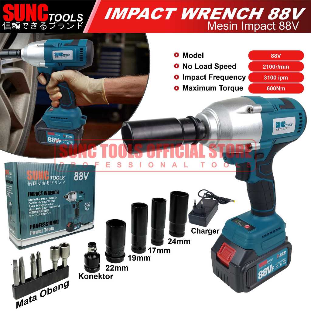SUNC TOOLS Impek Baterai Buka Baut / Mesin Impact Wrench 88V 88VF Torsi Besar Premium