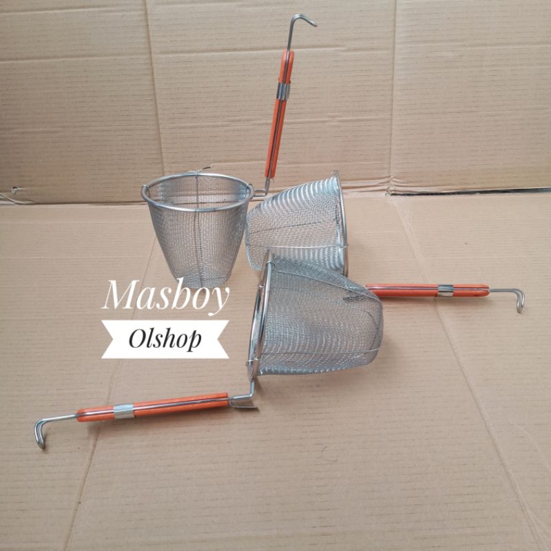 Saringan Mie Kocok Stainless Gagang Kayu / Saringan Mie Ayam Ramen