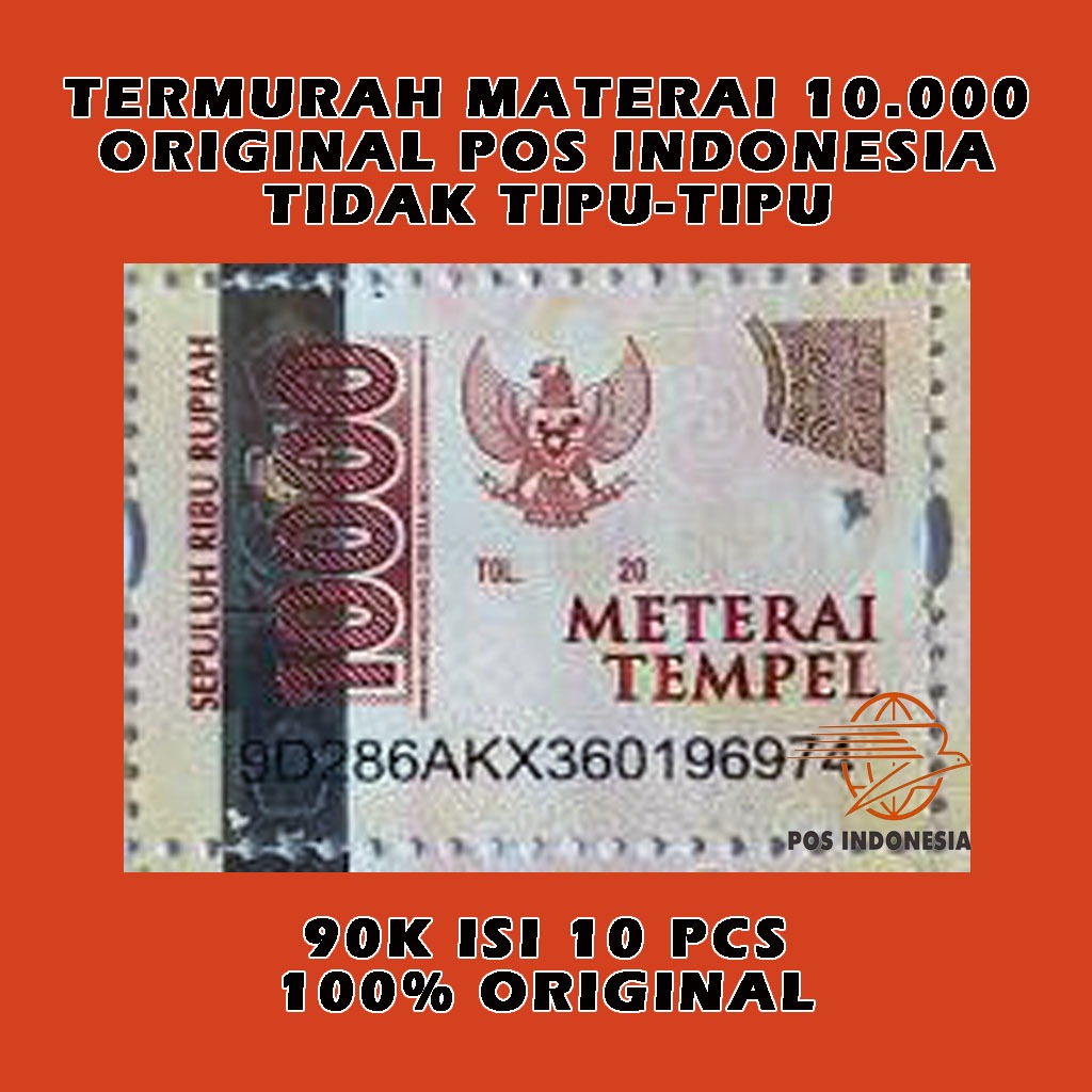 

Duty Stamp Asli Pos Indonesia 90K isi 10pcs @9000/pcs