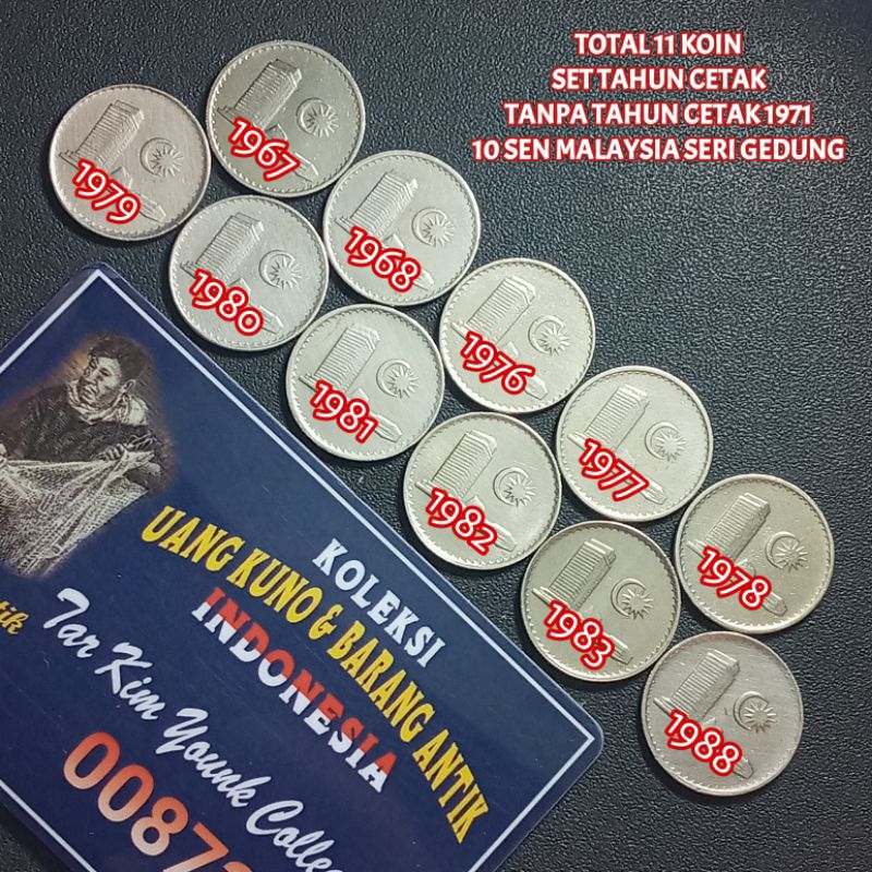 Koleksi 11 Koin Set Tahun Cetak 10 Sen Malaysia Seri Gedung Tanpa Tahun 1971