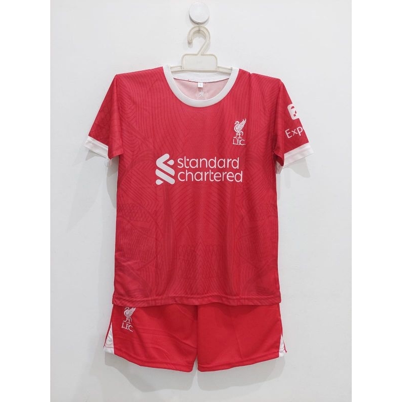 Jersey bola anak Liverpool home 2023-2024 M.Salah printing logo bordir setelan baju bola anak Liverpool home M salah