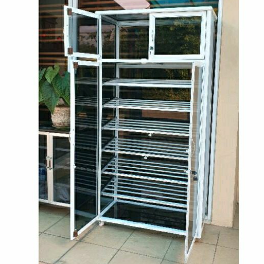 TC ALUMINIUM 80X38X158 b w LSH 1/7 SUSUN 1/9 SUSUN 100X38X194 LEMARI RAK SEPATU HELM KACA RIBEN 3 MM