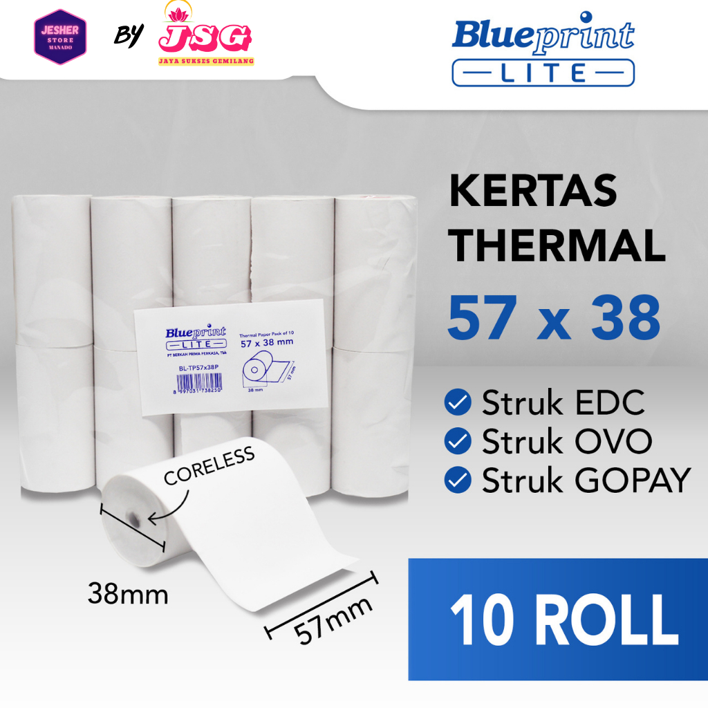 

Kertas Thermal Struk BLUEPRINT LITE 57x38 , 57x38os - 1 Pack isi 10 roll