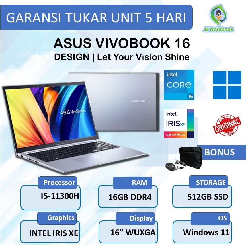 Laptop Asus Vivobook 16 intel Core i5-11300H 16GB 512SSD Win11
