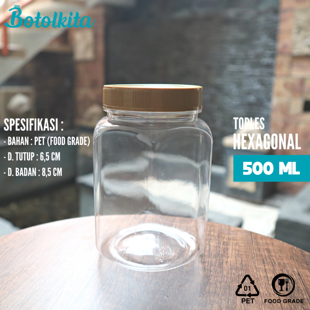 Toples Plastik Hexagonal 500ml / Toples Bawang Goreng 500ml / Toples Makanan 500 ml / Toples Kue 500