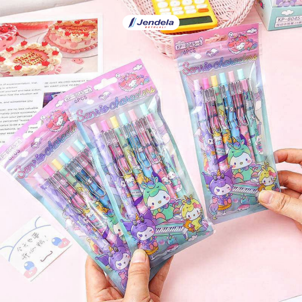 

Bolpoin Karakter Unicon Mixue 1 pack isi 6 pcs pulpen pena gel mekanik motif Sanrio unicorn kuromi