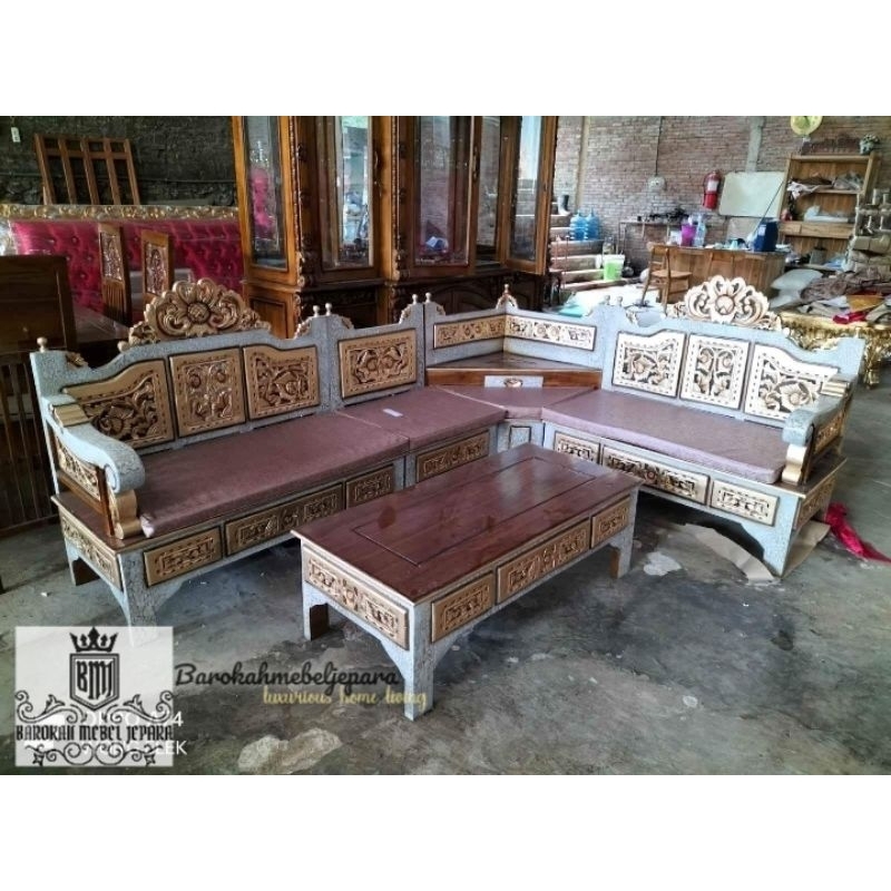 kursi sudut jati ukiran / kursi ruang tamu sudut jati Bagong marmer / kursi sudut mahkota