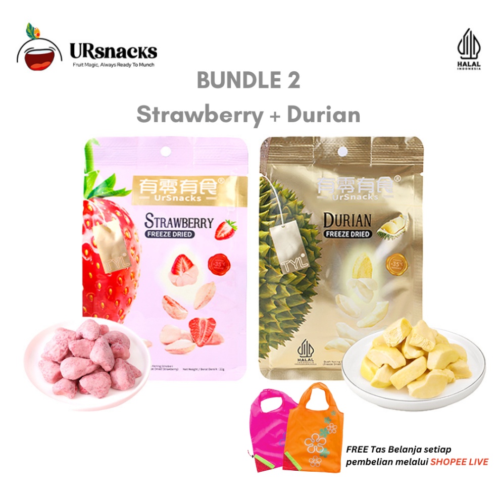 

URSNACKS BUNDLE OF 2 - FREEZE DRIED KERIPIK SEHAT STRAWBERRY 22gr + DURIAN 32gr BUAH VAKUM CEMILAN DIET 65