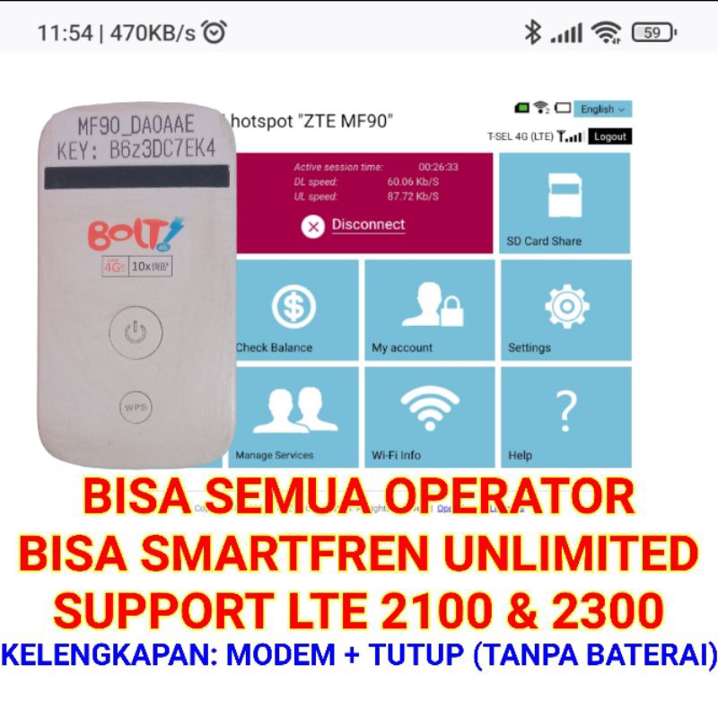 MODEM WIFI BOLT ZTE MF90 MIFI SECOND TANPA BATERAI NON E5372 E5372S