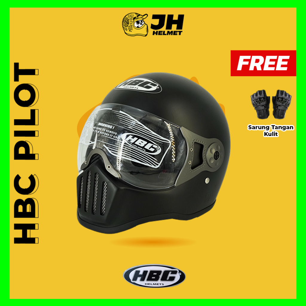 Helm Cakil HBC Pilot Polos Black Doff | Original 100% | HBC Cakil | Helm Retro | Helm Full Face | He