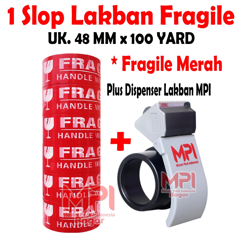 

1 SLOP [ 6 Roll ] - Lakban Fragile Merah MPI 48 mm x 100 yard + Dispenser Lakban MPI - master Pack Indonesia Bogor