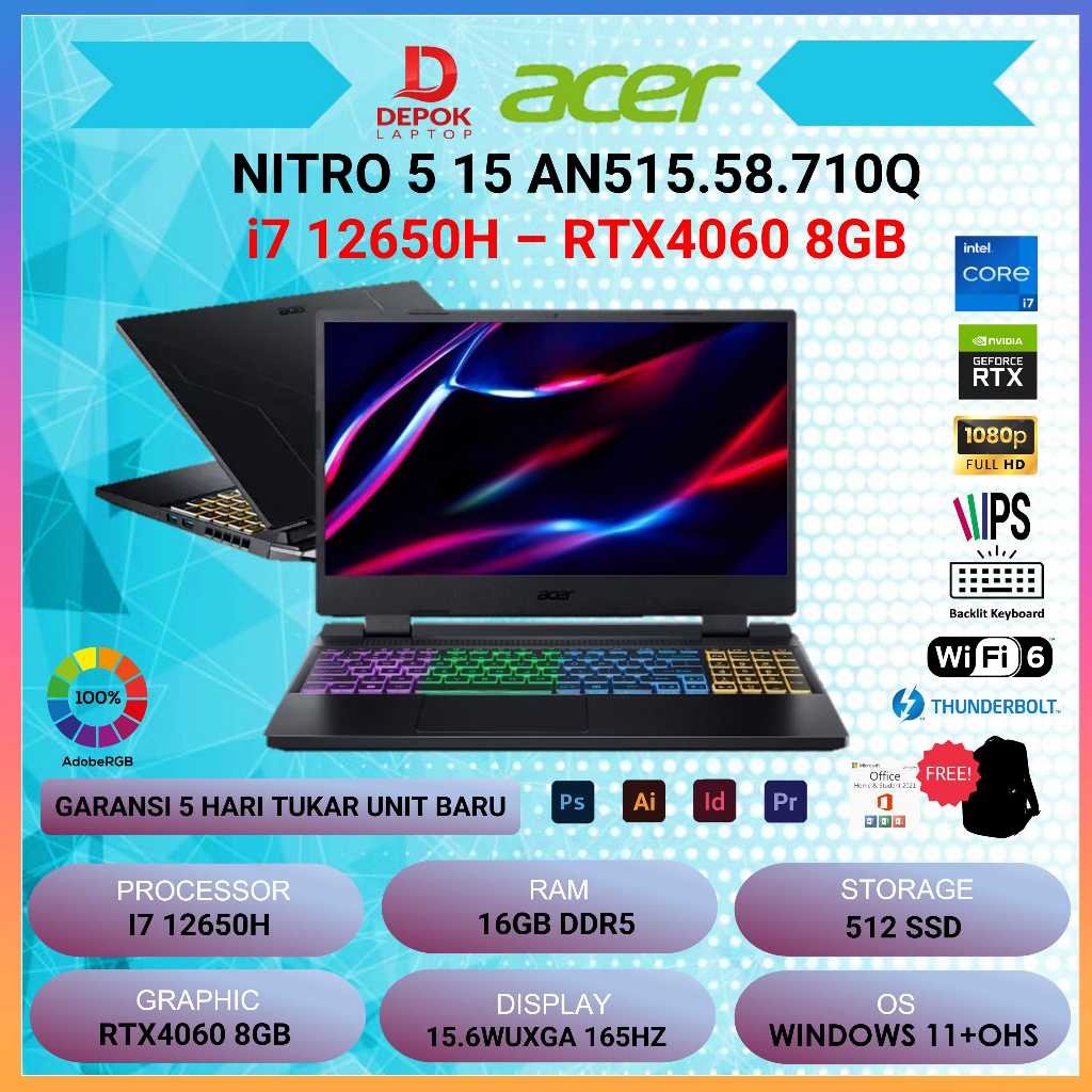 Laptop Acer Nitro 5 15 AN515 i7 12650H RTX4060 8GB/ 16GB 512GB W11+OHS 15.6WUXGA 165HZ 100SRGB 4ZRGB 2Y+ADP BLK -58.710Q