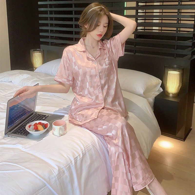 Setelan baju tidur piyama korea import kain es sutra motif kotak polos wanita lengan pendek + celana panjang
