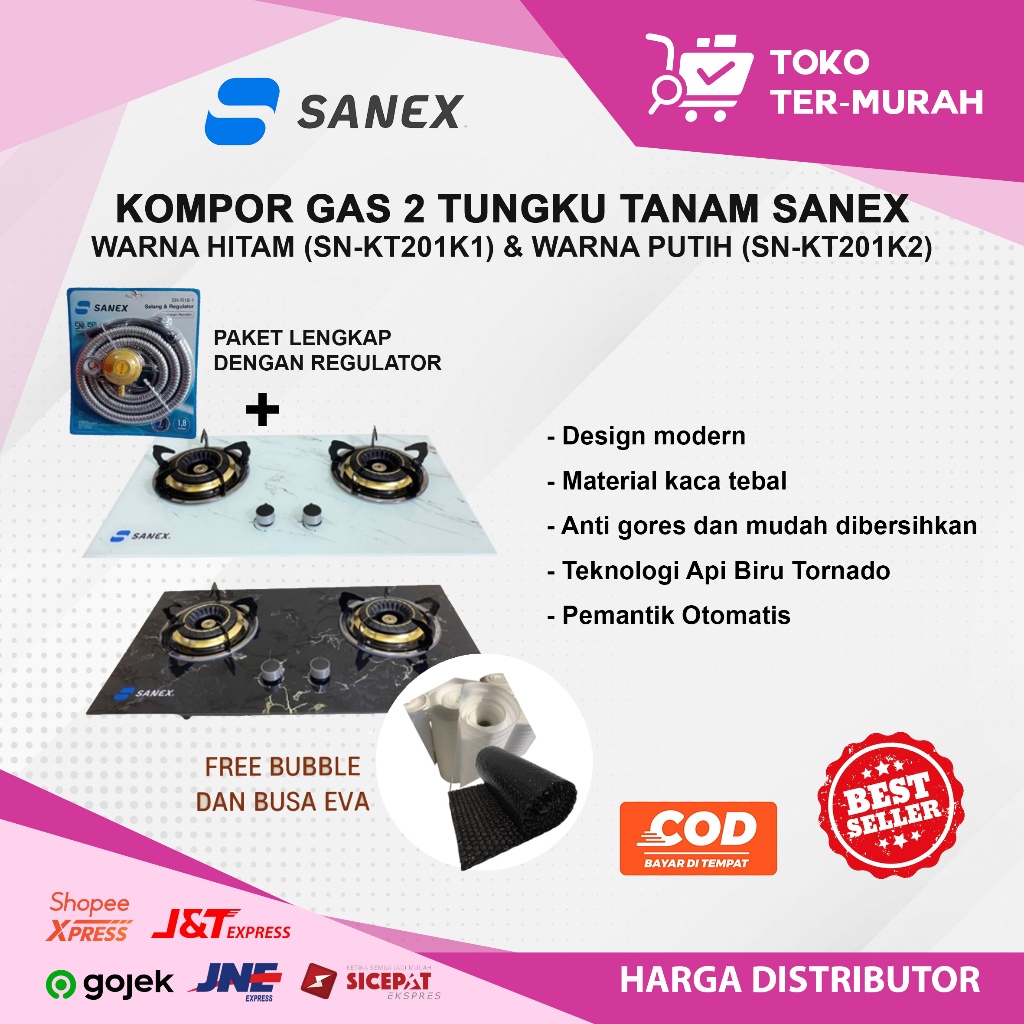Kompor gas Tanam Sanex 2 Tungku Terbaruu Warna Hitam (SN-KT201K1) dan Warna Putih (SN-KT201K2) NEWW