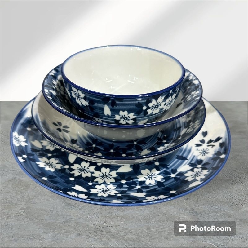 Piring Keramik Motif Sakura Blue Hokita Mangkok Keramik Motif