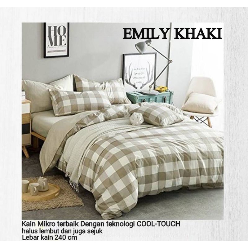 Sprei Set Bahan Katun Micro Motif Emily KHAKI Kotak 8 cm (Tampa bedcover)