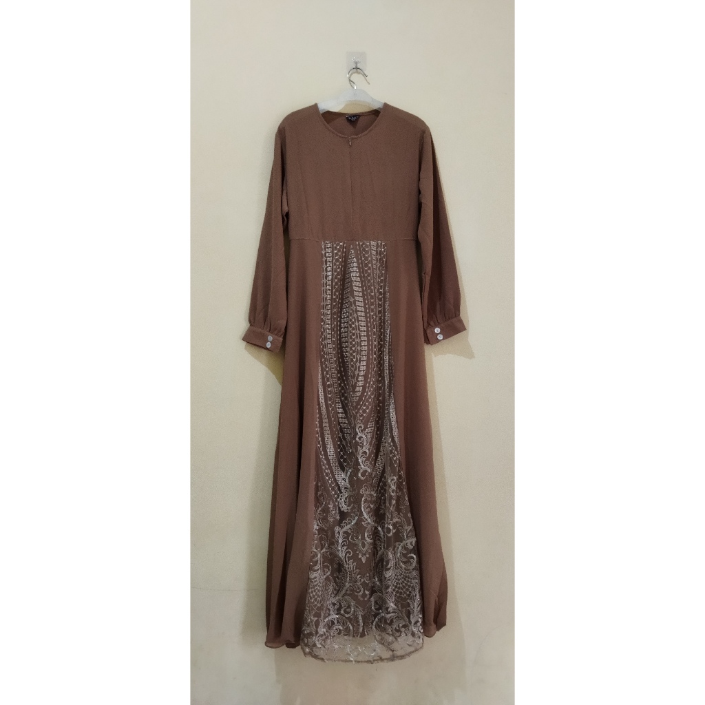 DRESS BROWN KHAKI MIX BROKAT GOLD PRELOVED LUXURY