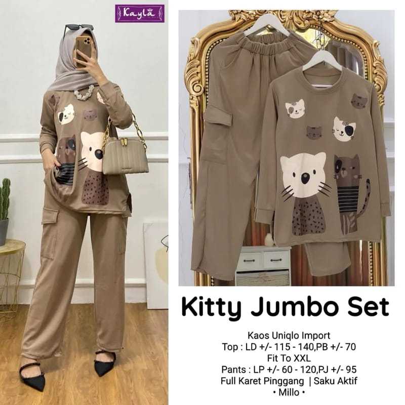 Kitty Jumbo Set Kayla Baju Setelan Wanita Kekinian Premium Knit Uniqlo Motif Terbaru Ld 115 - 140