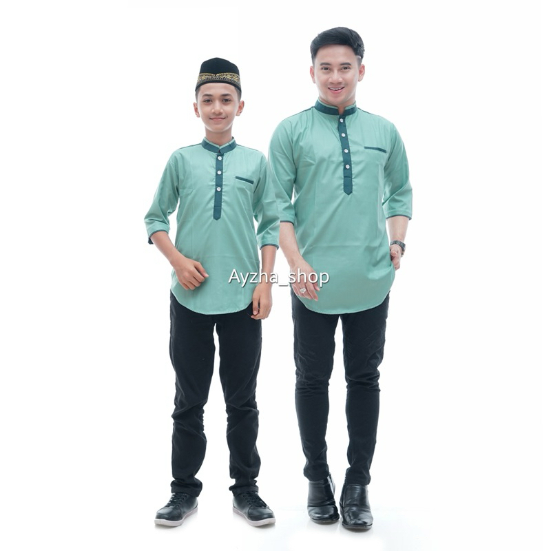 Baju koko kurta couple ayah dan anak warna mint combi emerald