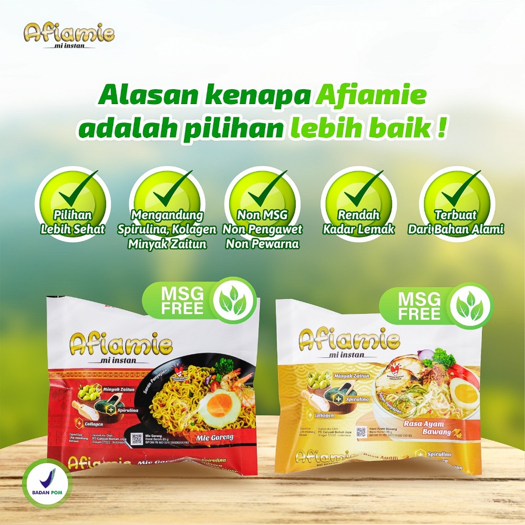 

mie sehat afiamie non msg non pengawet non pewarna mengadung collagen spirulina dan minyak zaitun pertama di indonesia