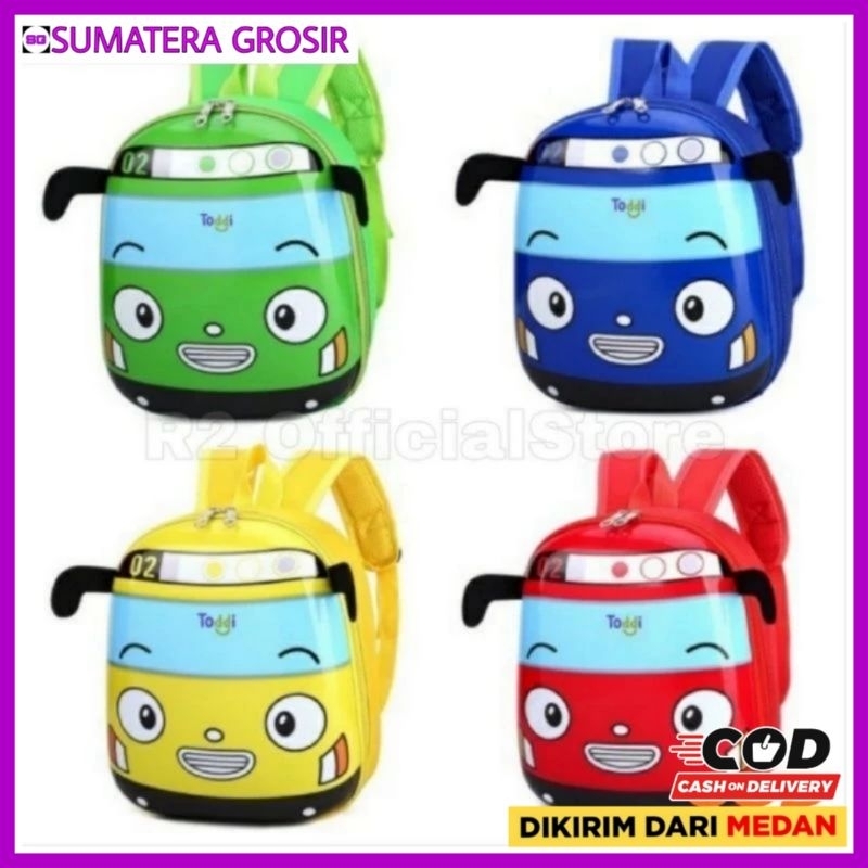 Tas Ransel Sekolah Anak Backpack Model Bus Tayo Biru Kuning Hijau Merah - Tas Ransel Punggung Sandan