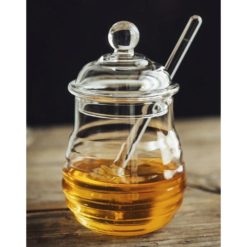 Gelas / Wadah Kaca Tempat Madu dan Selai Borosilicate Glass 250ml Honey Jar + Sendok Oleh Kaca