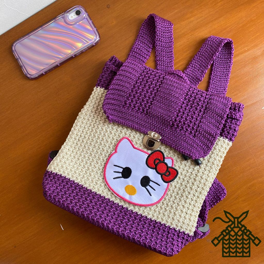 Tas gendong anak perempuan rajut hello kitty / tas gendong rajut karakter hello kitty untuk anak / R