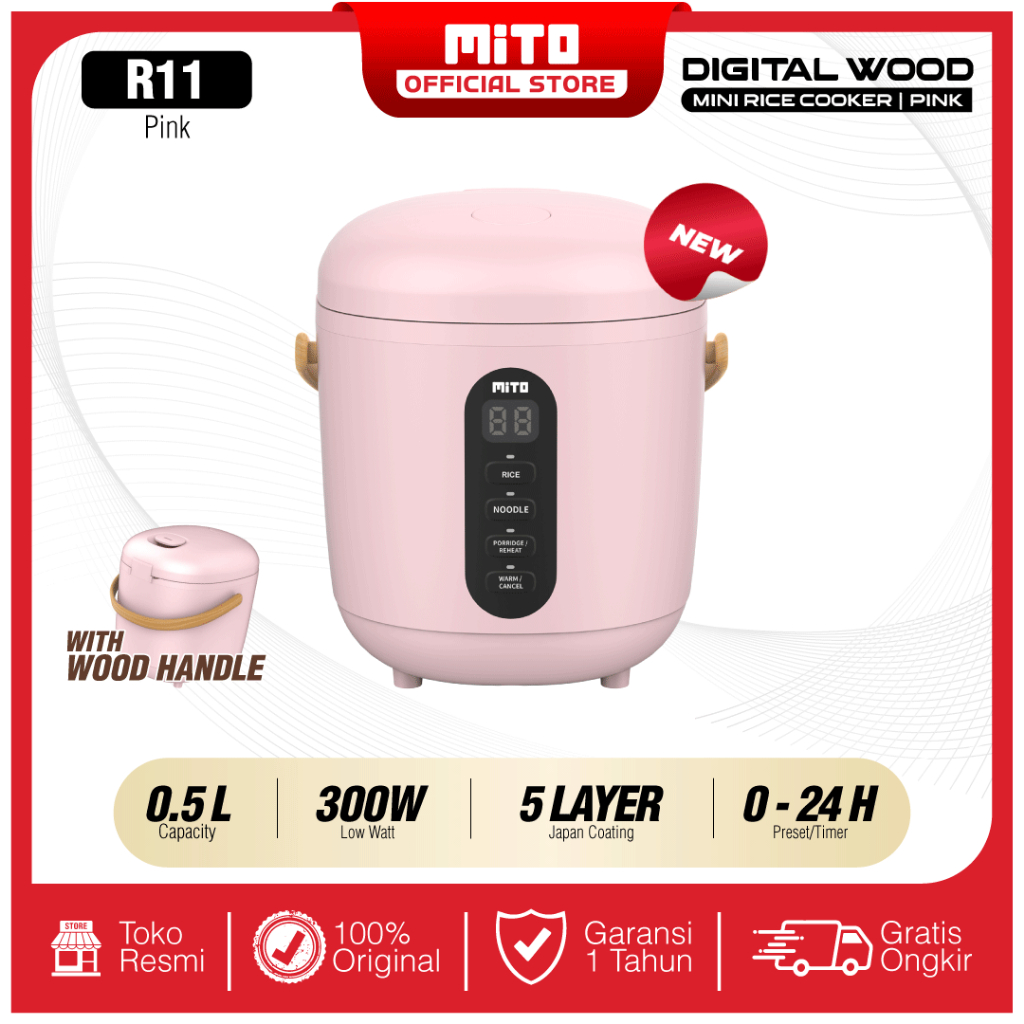 MITO Mini Rice Cooker R11 0,5L Handle Kayu - Pink