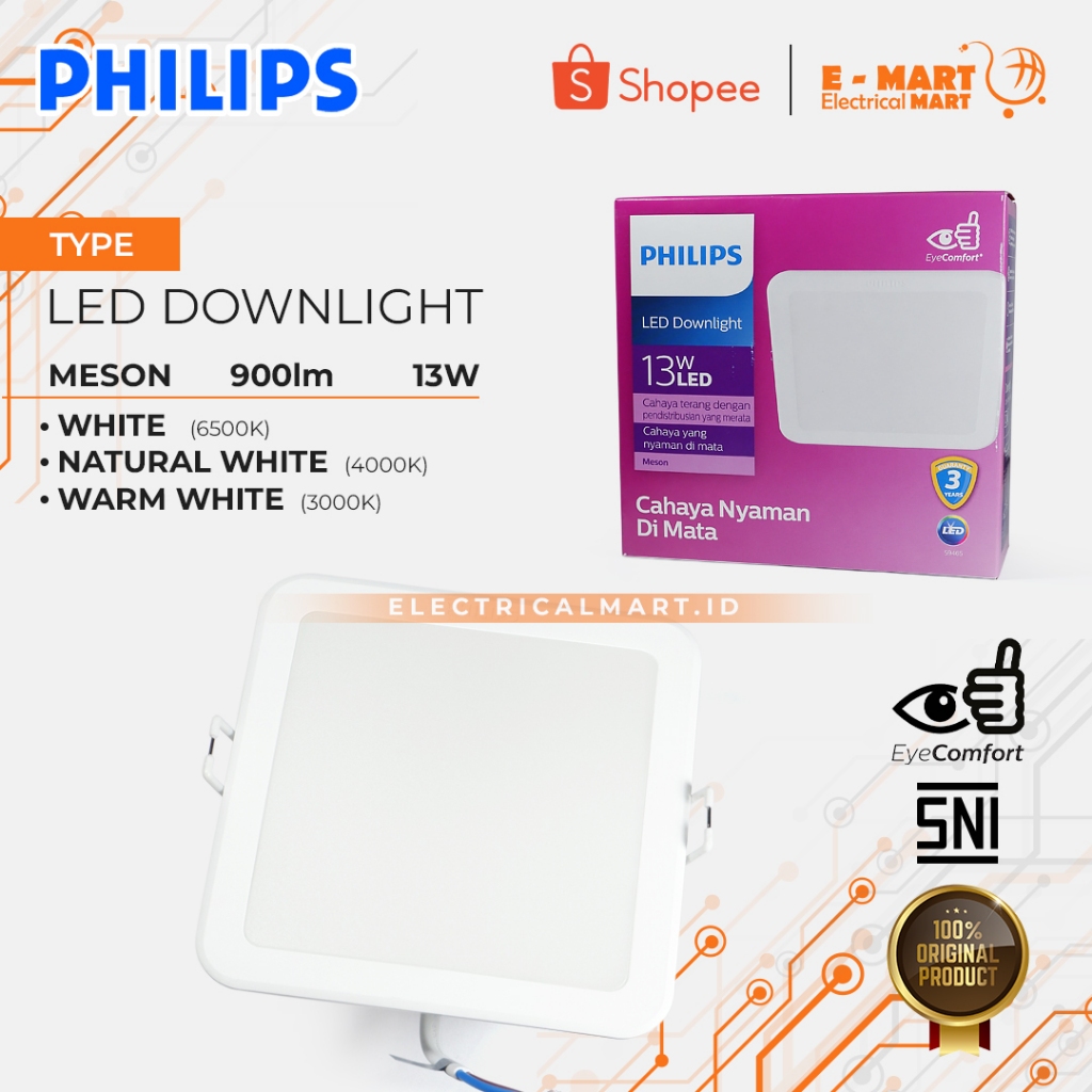 PHILIPS LED Downlight  Meson Tanam/IB 13 W Kotak Warna Putih