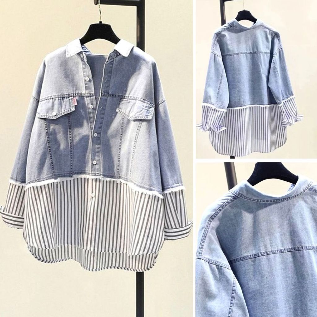 Kemeja Matt Denim Kombinasi Katun salur Import Premium Lengan Panjang/Kemeja Jeans Denim Wanita/Keme