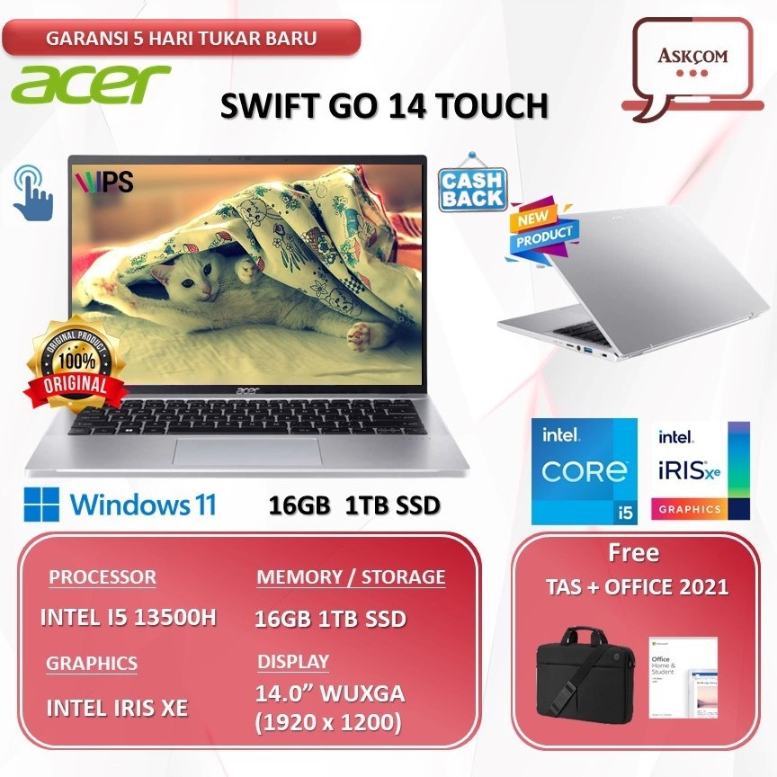 Laptop Acer Swift Go 14 Touch I5 13500H 16GB 1TB SSD W11 OHS21 14.0 WUXGA FP 71T.51MG