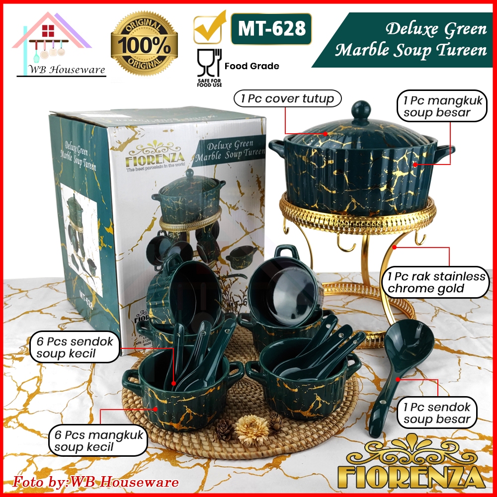 FIORENZA soup tureen green marble duluxe series with rack / mangkok es buah keramik + sendok MT-628