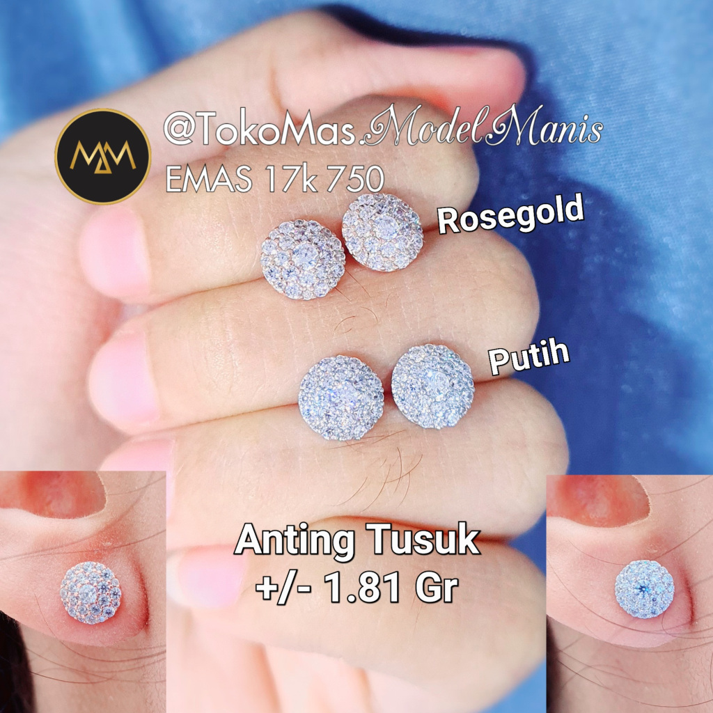 Anting Tusuk Bulat diamond looks emas rosegold putih 750 kadar 17k