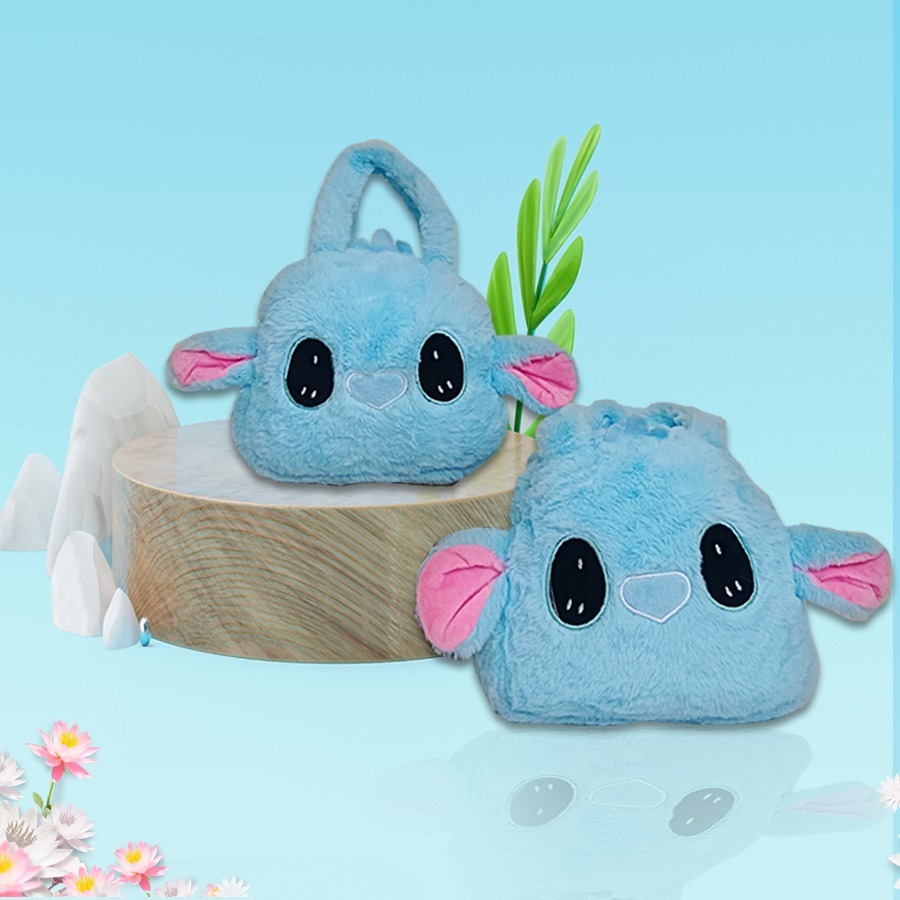 TAS KARAKTER BONEKA ANAK STICH BIRU LUCU BAHAN BULU BLUDRU PLUSH