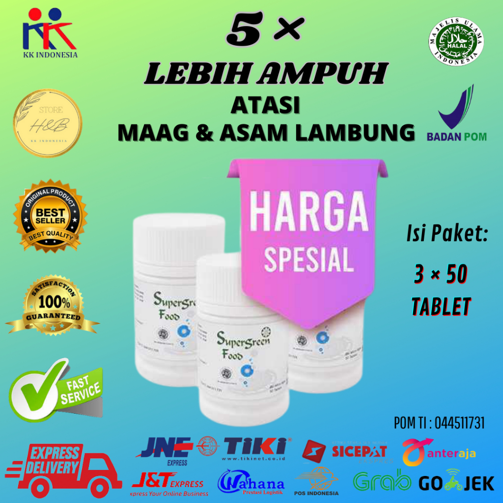 SUPERGREEN FOOD 3× 50 Tabs Chlorella Spirulina Alami Suplemen Kesehatan Herbal KK Indonesia