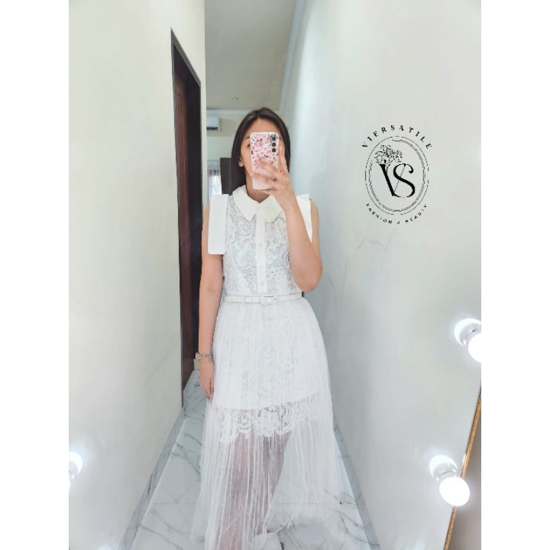 𝙍𝙚𝙖𝙙𝙮‼️Beatrix white lace dress by Orange Juice (free belt)/midi dress berkerah brukat renda furing 