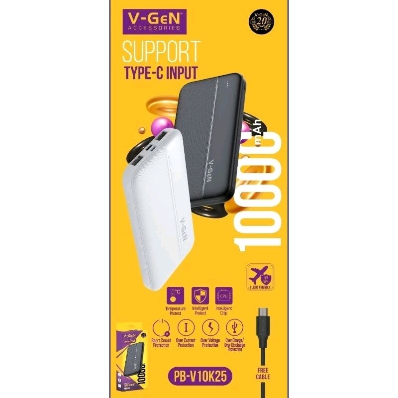 vgen powerbank 10000Mah V10K25 hitam putih