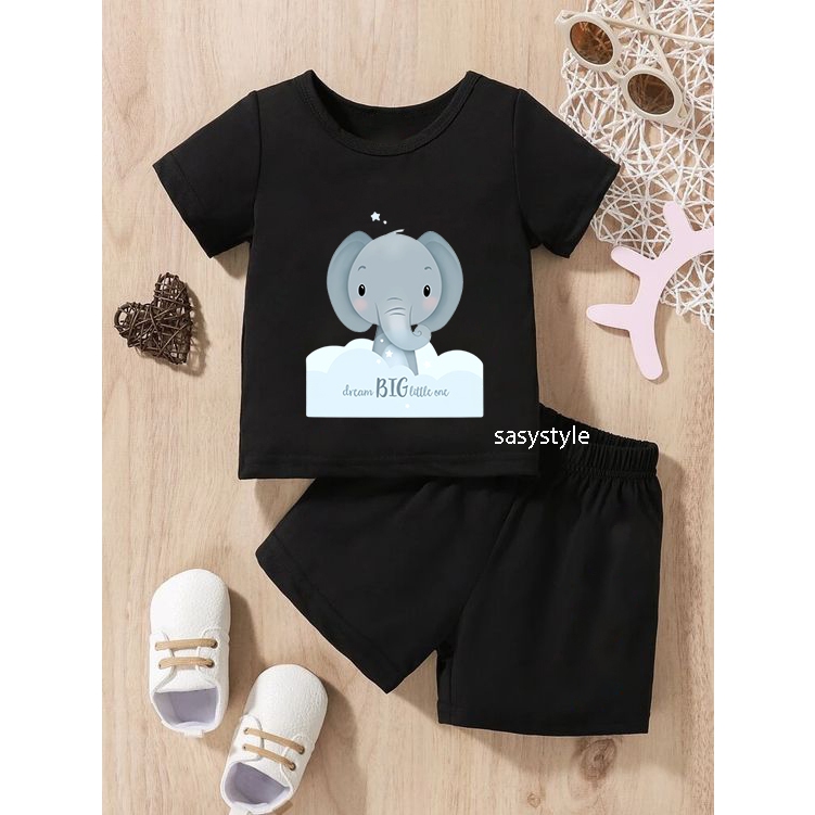 COD Setelan Anak Cewek Cowok Unisex Motif Gajah / Setelan Anak Lucu Usia 1-4 Tahun / Baju One Set Anak Lucu Korean Style / Setelan Anak Lengan Pendek Celana 3/4