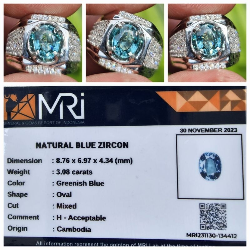 Natural Greenish Blue Zircon Cambodia Memo 3.08 crt