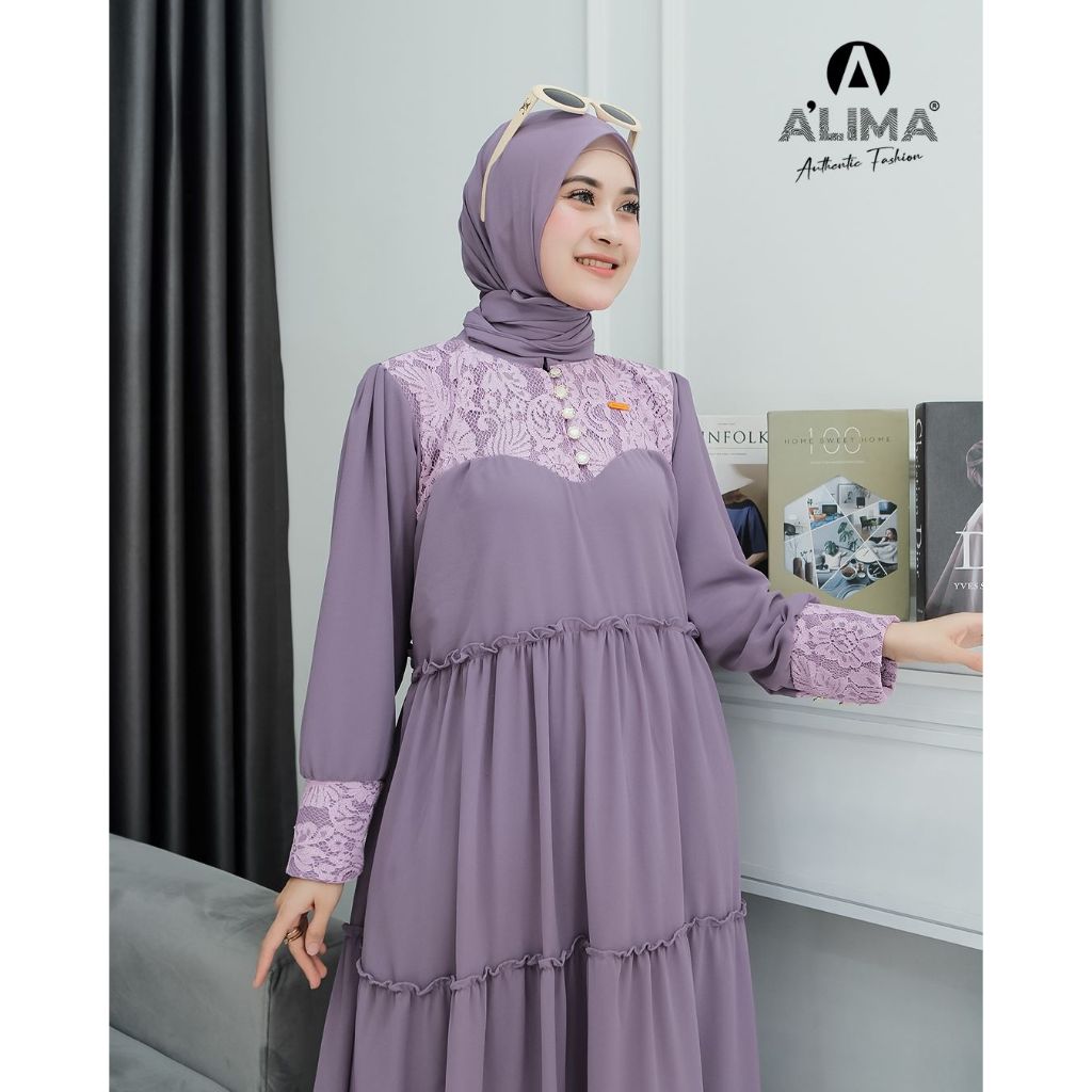 Aliya Dress Ceruty Mix Brokat Plus Hijab Pasmina Gamis Wanita Muslim Syar'i Kondangan