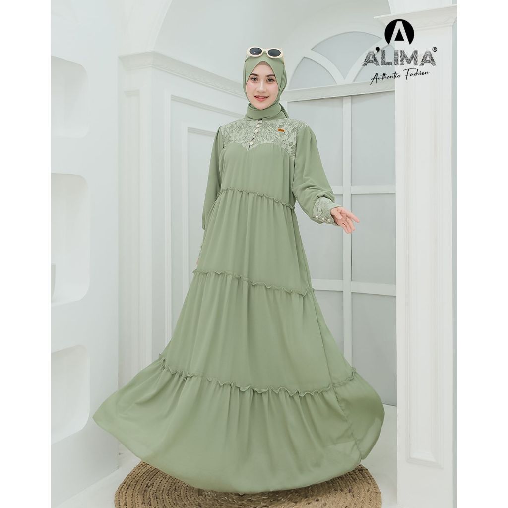 Gamis Wanita Maxi Dress Bahan Ceruty Babydoll Mix Brukat Jaguar Busui Friendly