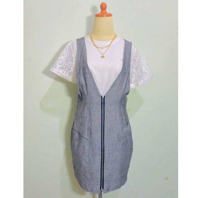 Dress One Set vintage blouse putih white vintage bahan brukat brokat dan overall korean look bahan k