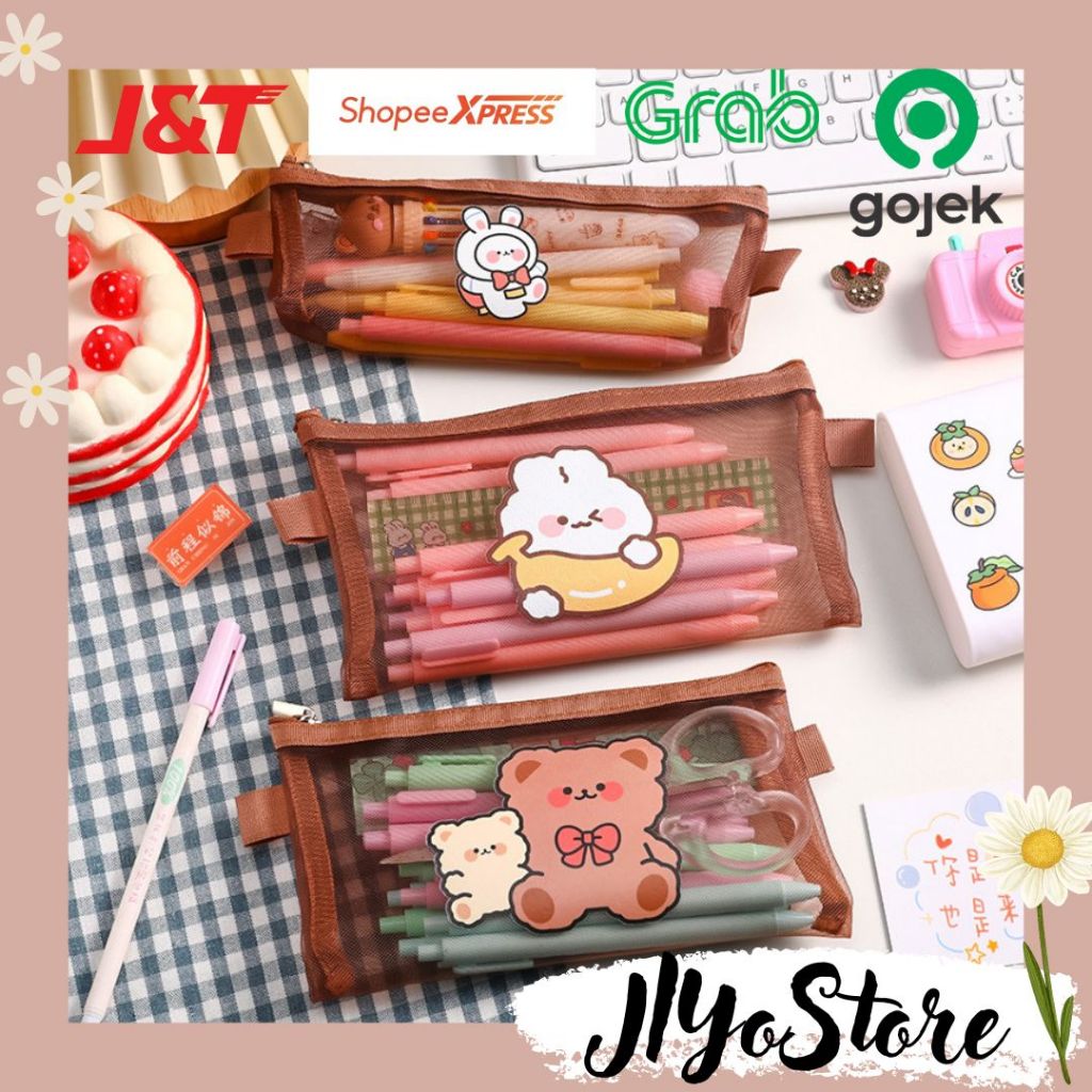

Tempat Pensil Kotak Pouch Wadah Bolpen Sekolah ATK Stationery Lucu Jaring Dino Beruang Aesthetic