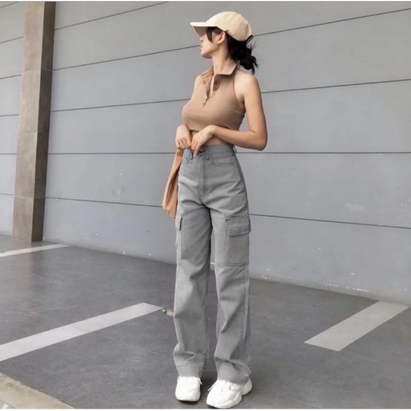 CARGO PANTS HIGHWAIST JEANS CELANA WANITA BAGGY